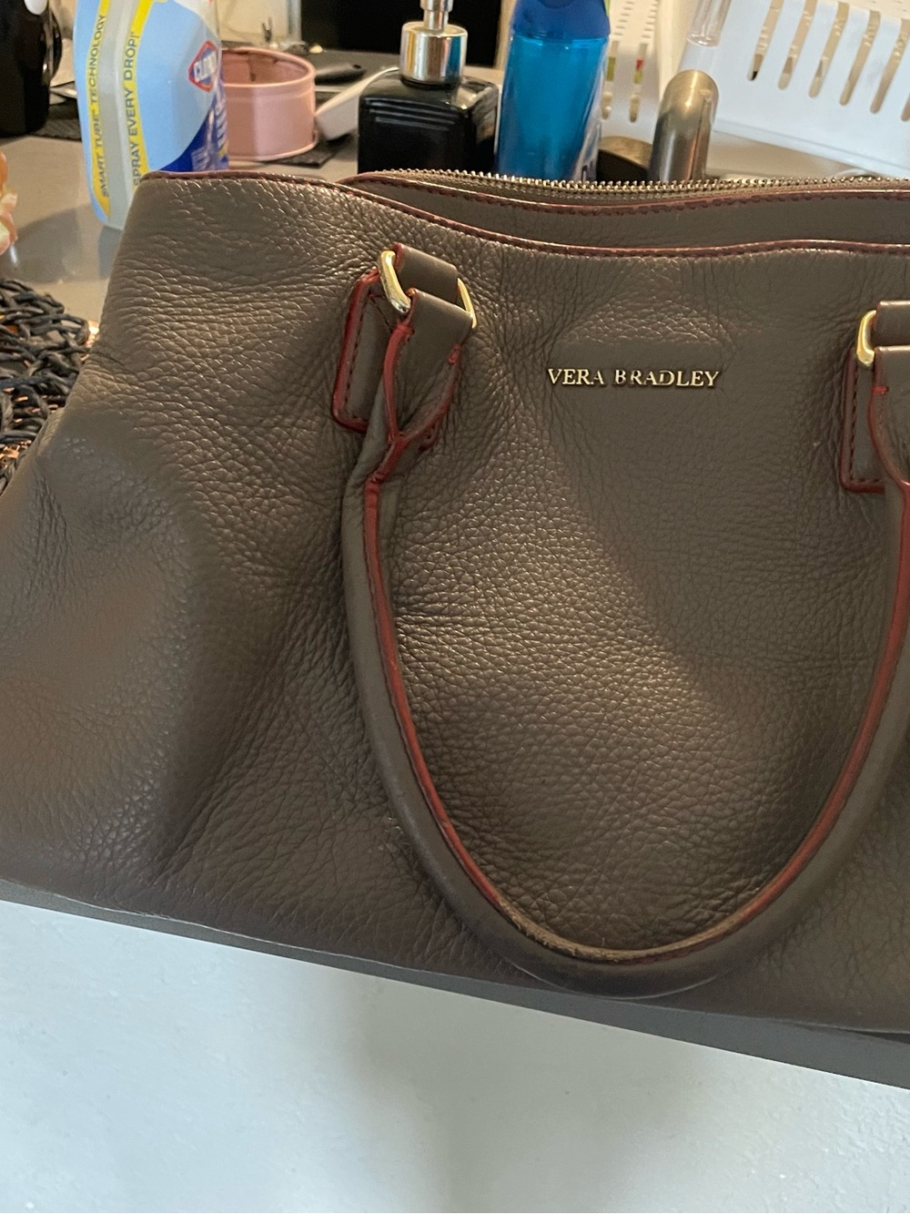 Vera Bradley Dark Brown Pebbled Leather Satchel with Red Trim